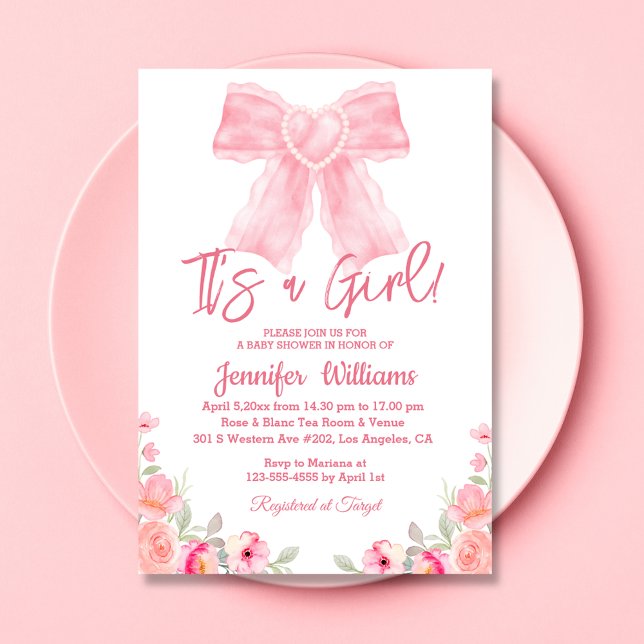 watercolor pink bow floral girl baby shower   invitation (Creator Uploaded)