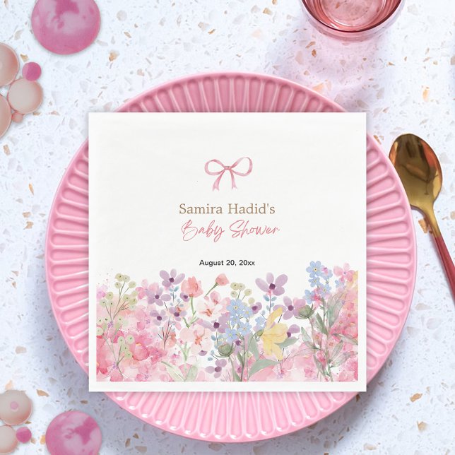 Watercolor Pink Bow Floral Girl baby shower Napkin (Creator Uploaded)
