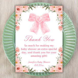 watercolor pink bow floral girl baby shower thank you card