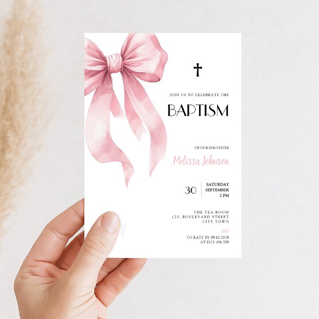 Watercolor Pink Bow for Girls Baptism Invitation (watercolor pink bow baptism invitation)