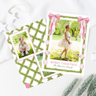 Watercolor Pink Bow Garland Christmas Photo Holiday Card