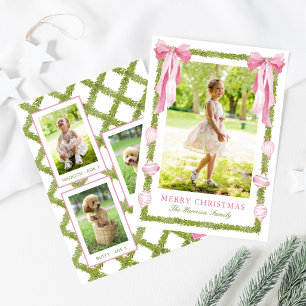 Watercolor Pink Bow Garland Christmas Photo Holiday Card