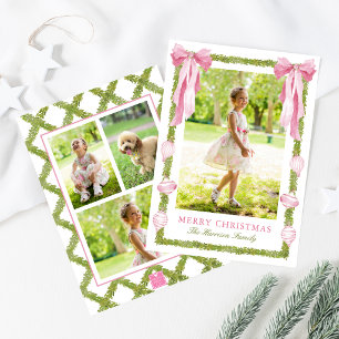 Watercolor Pink Bow Garland Christmas Photo Holiday Card