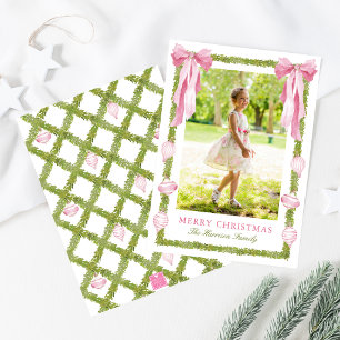 Watercolor Pink Bow Garland Christmas Photo Holiday Card