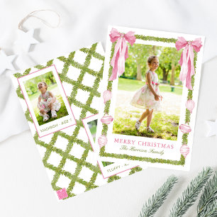 Watercolor Pink Bow Garland Christmas Photo Holiday Card