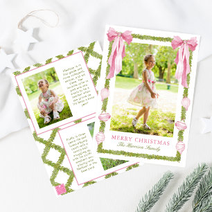 Watercolor Pink Bow Garland Christmas Photo Holiday Card