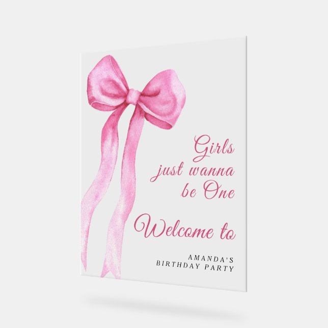 Watercolor pink bow girl 1st Birthday Party  Acrylic Sign (Angle)