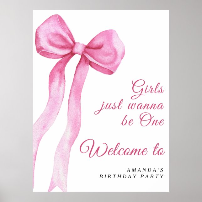 Watercolor pink bow girl 1st Birthday Party  Poster (Front)