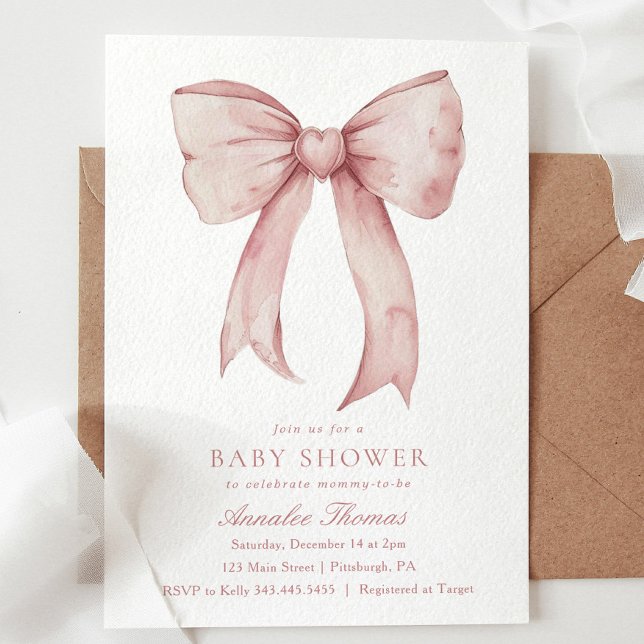 Watercolor Pink Bow Girl Baby Shower Invitation (Creator Uploaded)