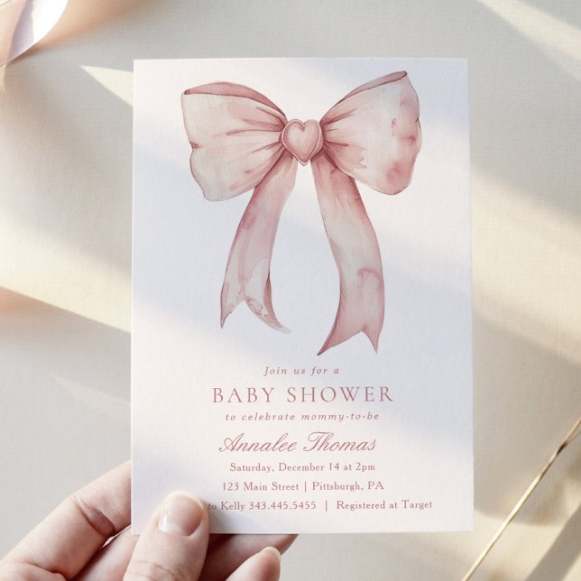 Watercolor Pink Bow Girl Baby Shower Invitation (Creator Uploaded)