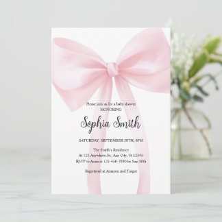 Watercolor Pink Bow Girl Baby Shower Invitation