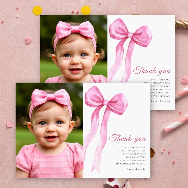 Watercolor pink bow girl birthday party thank you (Creator Uploaded)