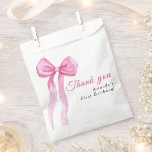 Watercolor pink bow girl birthday party thank you favour bag
