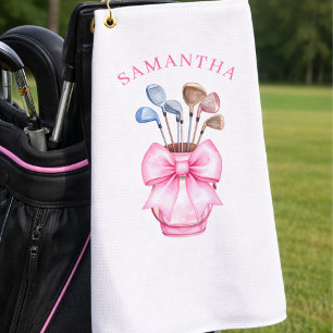 Watercolor Pink Bow Golf Clubs Personalised Towel