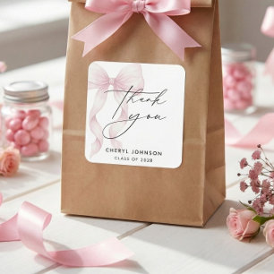 Watercolor Pink Bow Graduation Thank You Square Sticker