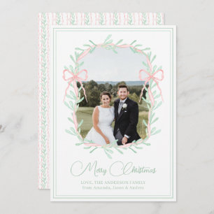 Watercolor Pink Bow Greenery Christmas Photo Holiday Card