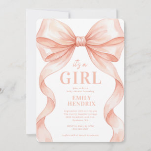 Watercolor Pink Bow Its a Girl Baby Shower Invitation