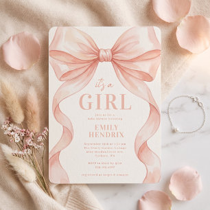 Watercolor Pink Bow Its a Girl Baby Shower Invitation