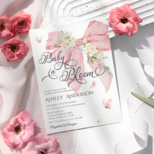 Watercolor Pink Bow Pastel Floral Baby Shower Invitation