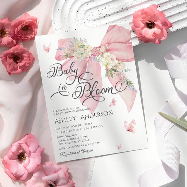 Watercolor Pink Bow Pastel Floral Baby Shower Invitation (Creator Uploaded)