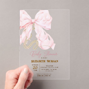 Watercolor Pink Bow Pearls Dots Baby Shower  Acrylic Invitations