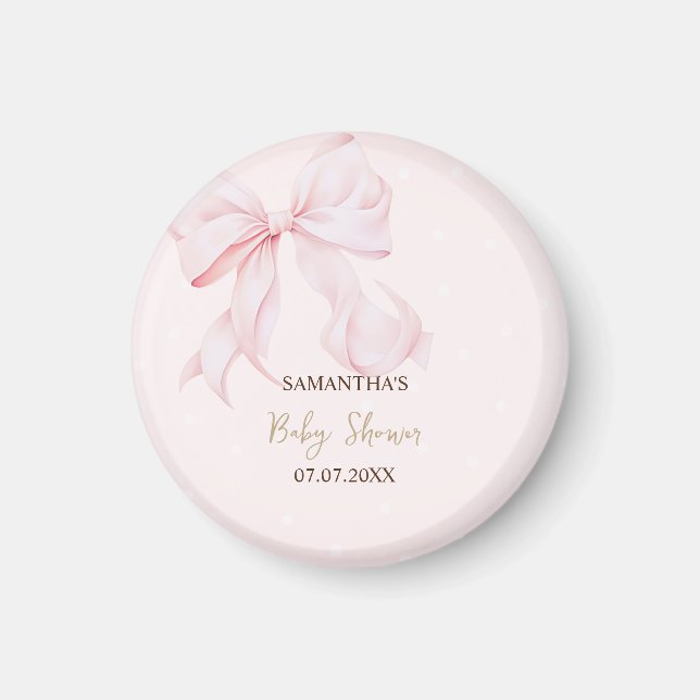 Watercolor Pink Bow Pink Dots Baby Shower Magnet (Front)