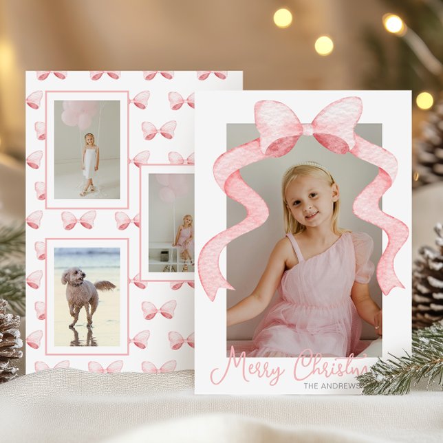 Watercolor Pink Bow Ribbon Sash Christmas Photo Holiday Card (Creator Uploaded)