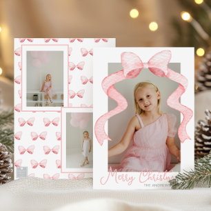 Watercolor Pink Bow Ribbon Sash Christmas Photo Holiday Card