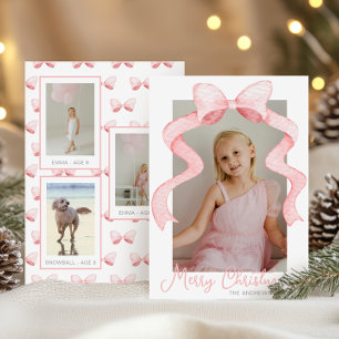 Watercolor Pink Bow Ribbon Sash Christmas Photo Holiday Card