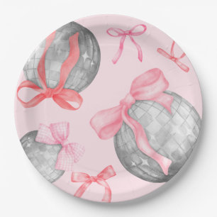 Watercolor Pink Bow Ribbon Silver Disco Ball Paper Paper Plate