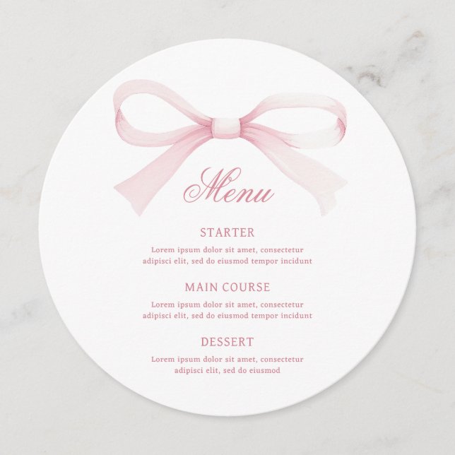 Watercolor Pink Bow Round Menu (Front)