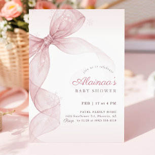 Watercolor Pink Bow Snowflake Baby Shower Invitation