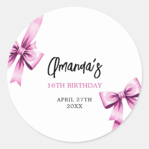 Watercolor Pink Bows Coquette Sweet 16 Birthday Classic Round Sticker