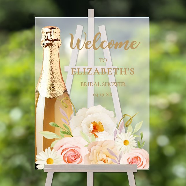 Watercolor Pink Bridal Shower Welcome Acrylic Sign (Brunch and bubbly watercolor floral bridal shower welcome acrylic sign)