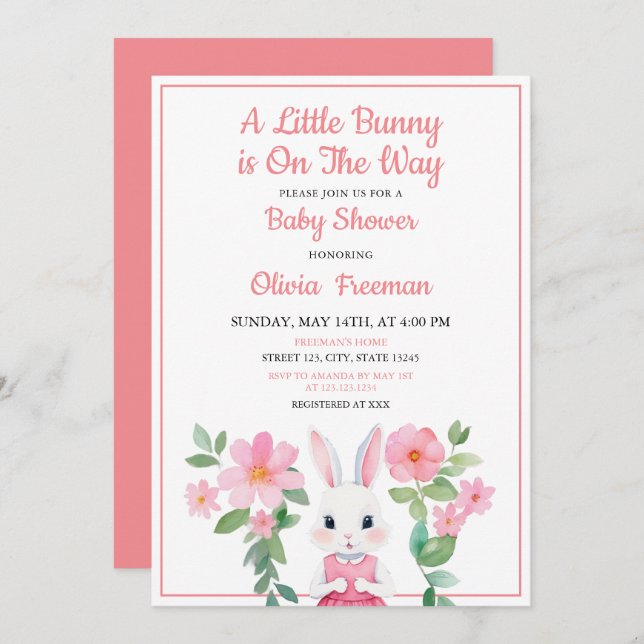 Watercolor Pink Bunny Girl Floral Baby Shower Invitation (Front/Back)