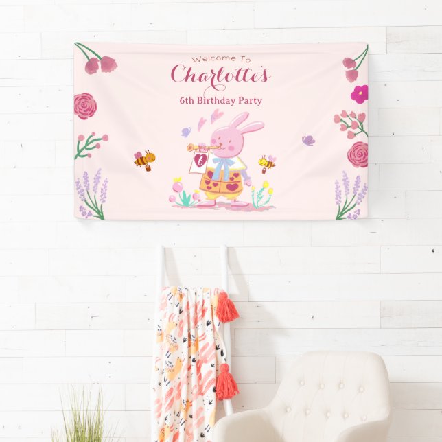 watercolor pink bunny in the garden kids birthday banner (Insitu)