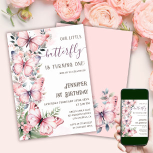 Watercolor Pink Butterflies 1st Birthday Butterfly Invitation