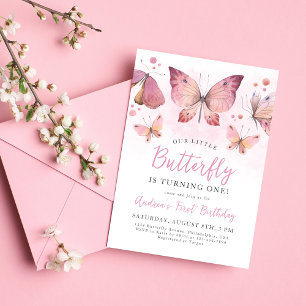 Watercolor Pink Butterfly First Birthday Invitation