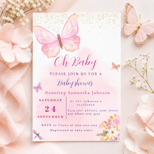 Watercolor Pink butterfly Floral Baby Shower Invitation