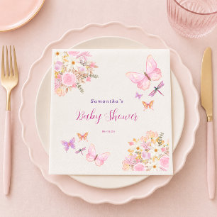 Watercolor Pink butterfly Floral Baby Shower Napkin
