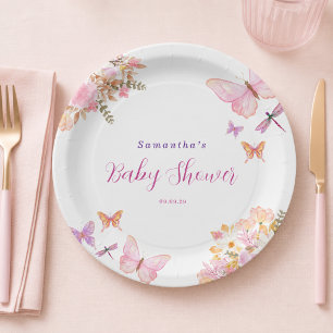 Watercolor Pink butterfly Floral Baby Shower Paper Plate