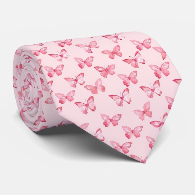 Watercolor Pink Butterfly Pattern Tie (Rolled)