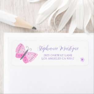 Watercolor Pink Butterfly Script Font Return Address Label