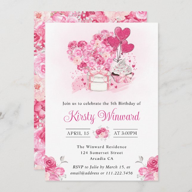 Watercolor Pink Cake and Floral Heart Birthday Invitation (Front/Back)
