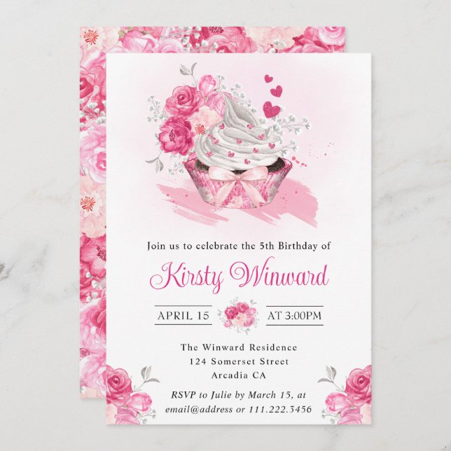 Watercolor Pink Cake and Flowers Birthday Party Invitation (Front/Back)