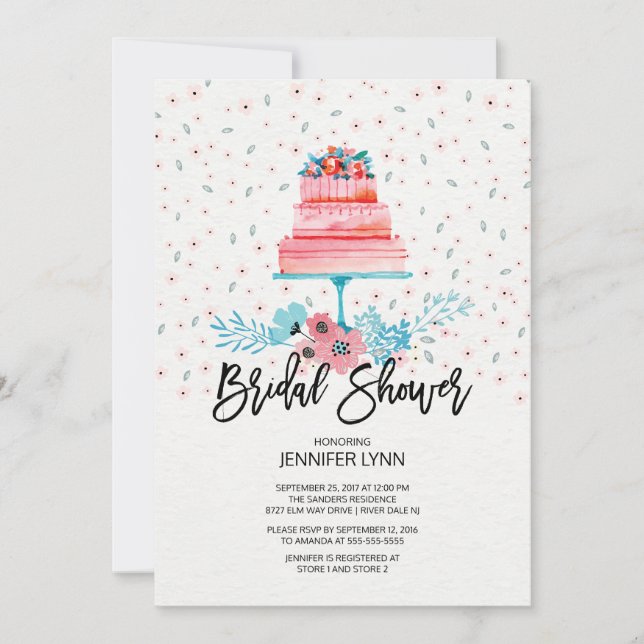 Watercolor Pink Cake Bridal Shower Invitation (Front)