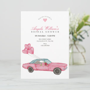 Watercolor pink car bridal shower invitation