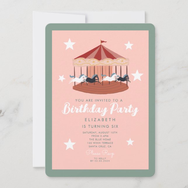 Watercolor pink Carousel Birthday Invitation (Front)