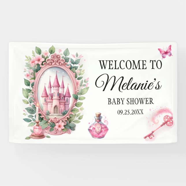 Watercolor Pink Castle Floral Wreath Magic Wand  Banner (Horizontal)