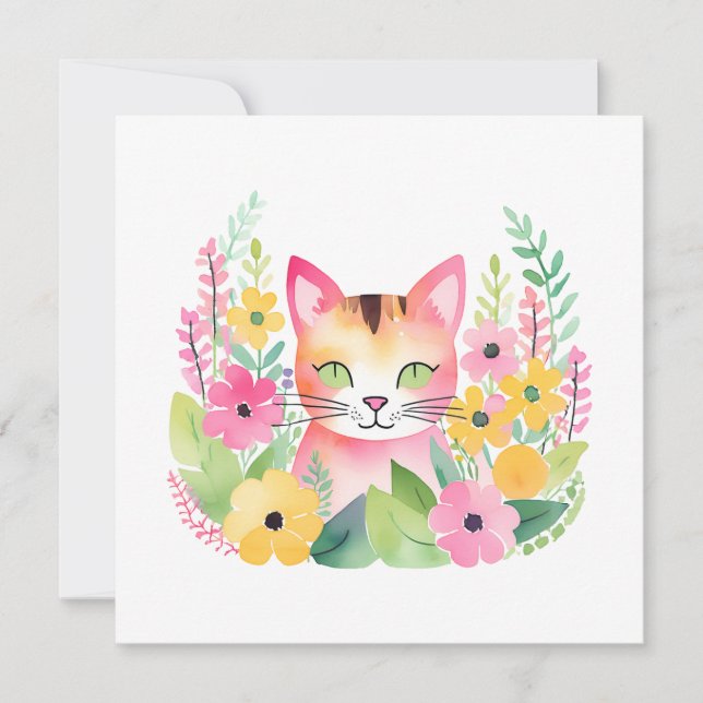 Watercolor Pink Cat and Summer Flowers  Card (Front)